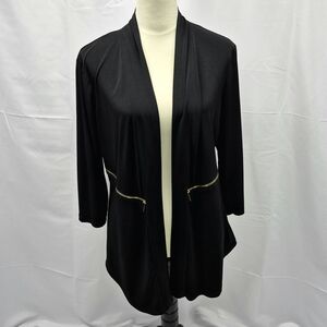 Ellen Tracy Black Draped Open-Front Cardigan Gold Zip Detail Woman's Large
